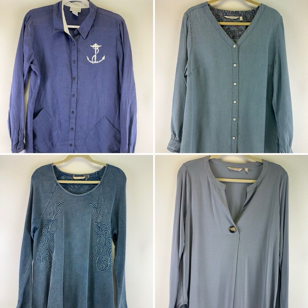 Soft Surroundings Lot 4 Tunic Blouse Shirt Blue Waffle Linen Cotton Modal Large